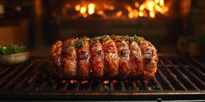 Juicy meat roast cooking over glowing coals in a cozy setting at night photo