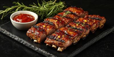 Grilled ribs served with sauce and fresh herbs on a black stone platter photo