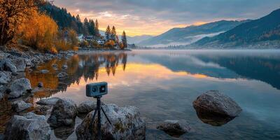 Majestic autumn sunrise over serene lake with camera set on tripod near rocky shoreline photo
