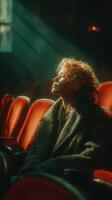 Woman with curly hair gazes thoughtfully in empty theater with red chairs and warm lighting photo