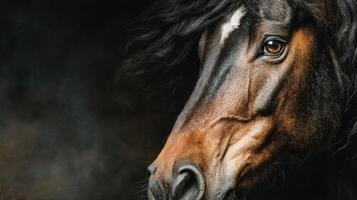 Majestic horse portrait showcasing detailed features and captivating gaze in soft lighting photo