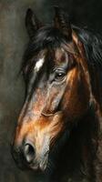 Elegant brown horse portrait captured in a soft-focus background showing its expressive features and vibrant fur photo