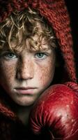 Young boxer in a red hooded robe with boxing gloves, focused expression highlighting determination and passion for the sport photo
