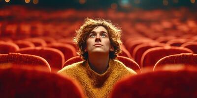 Young man gazes upward in a theater with red seats, lost in thought during a performance at dusk photo