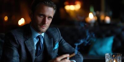 Elegant man enjoying a cigar in a dimly lit lounge with whiskey and soft ambiance at night photo