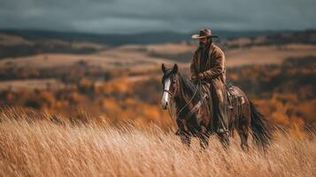 Exploring the vast landscape on horseback during an autumn afternoon adventure photo