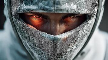 Mysterious armored figure with glowing eyes stares intensely into the distance during twilight photo