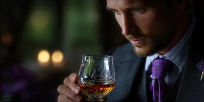 Man in formal attire analyzing a drink indoors at a sophisticated gathering in the evening photo