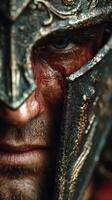 Portrait of a warrior in battle armor showcasing intense emotions and historical details during a dramatic re-enactment photo