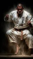 Martial artist showcasing dynamic movement during a practice session in a dimly lit dojo setting photo