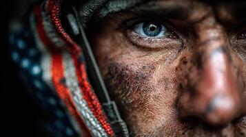 Close-up of a weathered soldier's face, capturing determination and resilience in intense expression during a mission at twilight photo