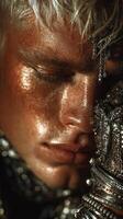 Close-up portrait of a model with striking makeup, intricate jewelry, and a unique artistic expression during a fashion event photo
