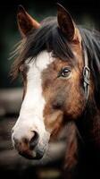 Beautiful close-up of a brown and white horse showing expressive eyes in a natural setting during daylight photo