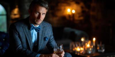 Sophisticated man enjoying whiskey in an elegant setting with warm candlelight ambiance during evening hours photo