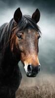 Majestic brown horse stands confidently in misty meadow during early morning lighting photo