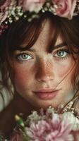 Young woman with freckles wearing floral crown and holding bouquet in soft natural light during spring photo