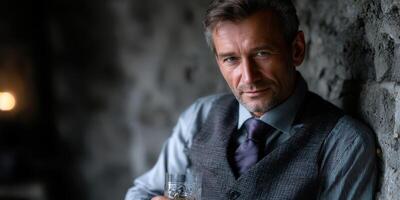 Man in a vest holding a glass stands against a stone wall in a dimly lit room photo