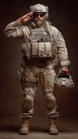 Soldier in camouflage uniform saluting while holding a helmet in a dramatic lighting photo