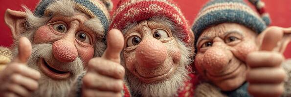 Three cheerful gnomes giving thumbs up in a festive setting with red background and winter hats photo