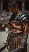 Gladiator practices sword techniques in an ancient arena under bright sunlight showcasing muscular armor and intense focus photo