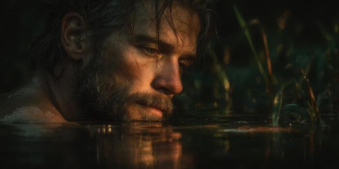 Man emerges from water surrounded by grass at dusk, capturing natural beauty and tranquility in a serene setting photo