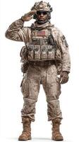 Military personnel in tactical gear saluting during a ceremonial event in a desert environment at midday photo