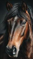 Close-up view of a horse showcasing its expressive eyes and flowing mane in natural light within a serene setting photo
