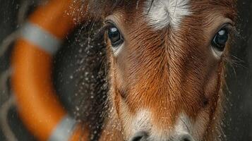 Close-up view of a horse with droplets of water on its face near a lifebuoy on a dockside in the early morning light photo