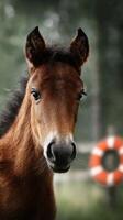 Brown foal standing in a lush green environment near a life preserver on a sunny afternoon photo