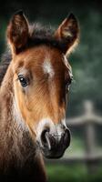 Close-up of a young horse with soft fur and expressive eyes in a serene farm environment during daylight hours photo
