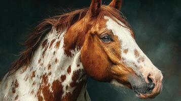 Close-up of a majestic spotted horse with a glossy coat captured in expressive lighting photo