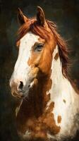 Majestic horse portrait showcasing vibrant coat in a dramatic setting with play of light and shadow photo