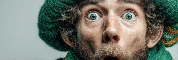Surprised man with green eyes wearing a wool hat shows astonishment in a neutral background setting photo