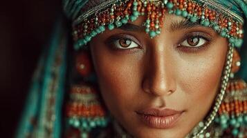 Beautiful woman in traditional attire adorned with intricate jewelry during a cultural celebration in a vibrant setting photo