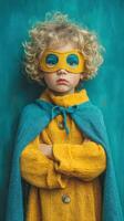 Child with curly hair dressed as a superhero stands confidently against a teal background during a creative play session photo