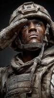 Soldier saluting with respect in rugged, weathered uniform during military service in a challenging environment photo