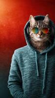 Cool cat wearing sunglasses and headphones in a stylish hoodie against a colorful background photo