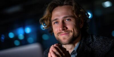 Man with curly hair smiles warmly in a dimly lit urban workspace during evening hours photo