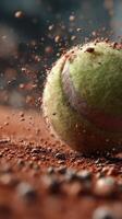 Tennis ball bounces on clay court, scattering dust during an intense match in bright sunlight at midday photo