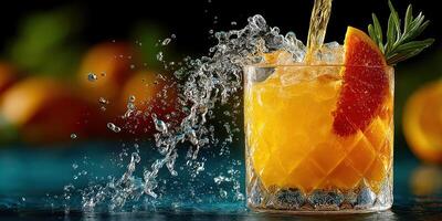 Refreshing orange cocktail splash captured in a vibrant setting with citrus garnishes photo