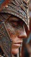 Warrior in ancient-style armor with intricate details during a historical reenactment event at sunset in a rustic outdoor setting photo