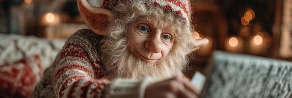 Small elf writing letters by a cozy fireplace in a warm, inviting holiday setting during winter photo