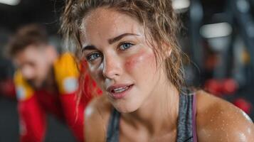 Woman exercises intensely in a gym, showcasing determination and focus during a workout session photo