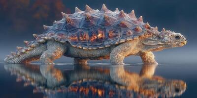 Detailed depiction of a unique tortoise walking through calm water in a serene environment during twilight photo
