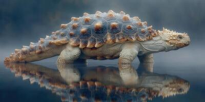 Unique spiked tortoise walking along a reflective water surface in a misty environment during early morning hours photo