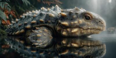 Unusual amphibian-like creature resting near a tranquil body of water in a misty forest environment photo