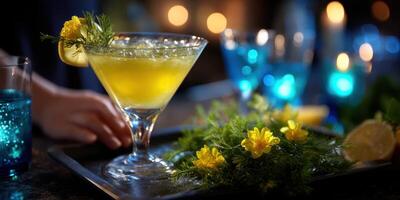Colorful cocktail with bright garnish served on a tray in a lively bar setting during the evening photo