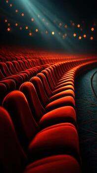 Empty red theater seats create a striking atmosphere in a dimly lit auditorium before a performance begins photo