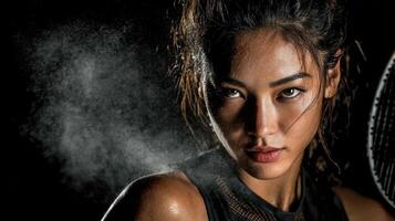 Inspired tennis athlete showcasing determination and focus during intense training session indoors photo