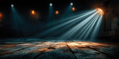 Spotlight illuminates wooden floor in dimly lit venue during an evening performance photo